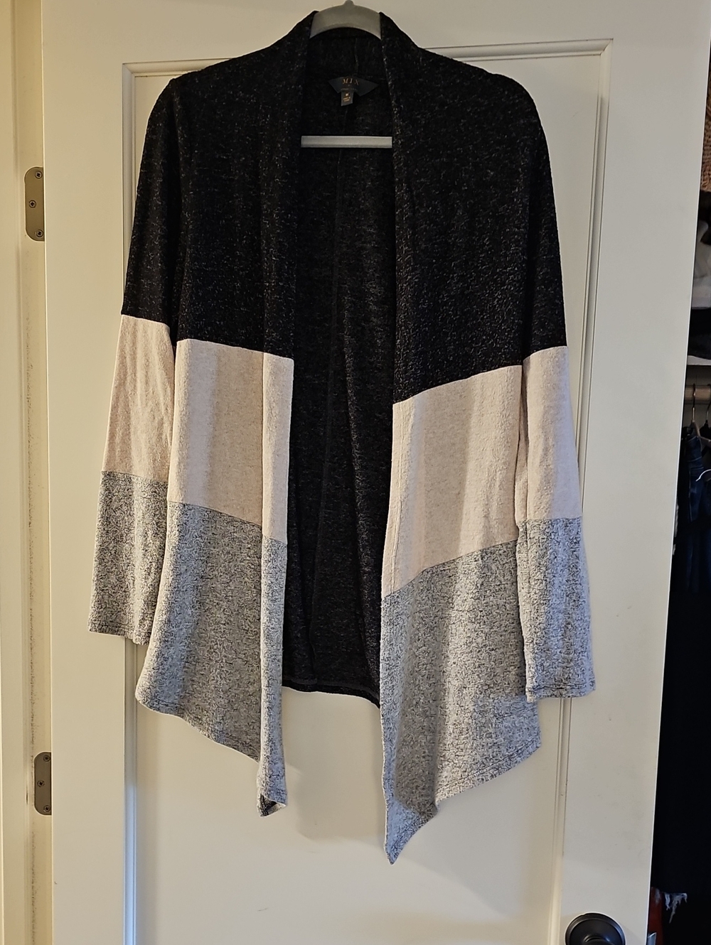 Mix By Hawthorn Three-Tone Open Front Cardigan - Black, Cream & Gray